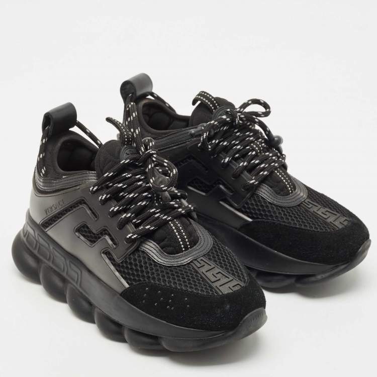 Pre Owned Versace Black Leather and Mesh Chain Reaction Sneakers Size 37