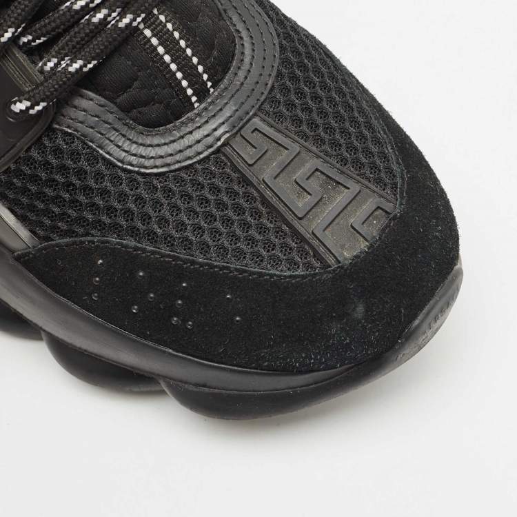 Pre Owned Versace Black Leather and Mesh Chain Reaction Sneakers Size 37