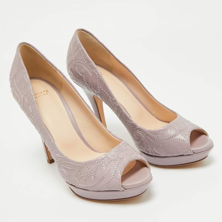 Pre Owned Versace Purple Embroidered Leather Peep Toe Platform Pumps Size 38