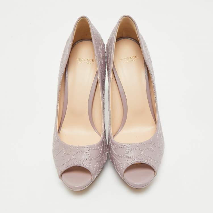 Pre Owned Versace Purple Embroidered Leather Peep Toe Platform Pumps Size 38
