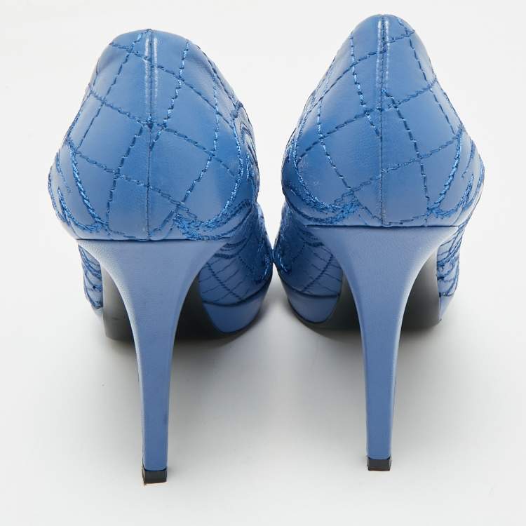 Pre Owned Versace Blue Embroidered Leather Peep Toe Platform Pumps Size 38