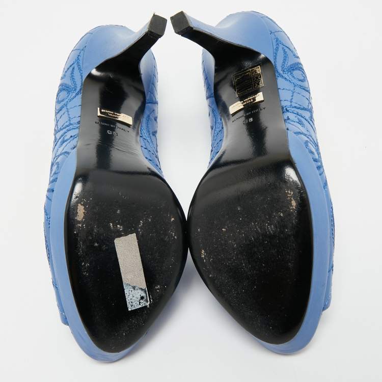 Pre Owned Versace Blue Embroidered Leather Peep Toe Platform Pumps Size 38
