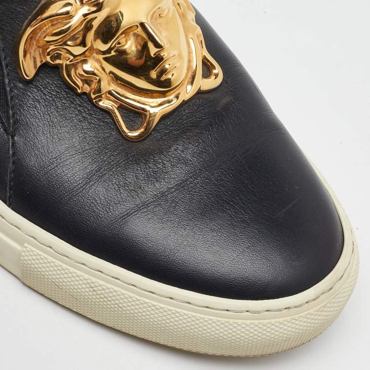 Pre Owned Versace Black Leather Palazzo Medusa Slip On Sneakers Size 37