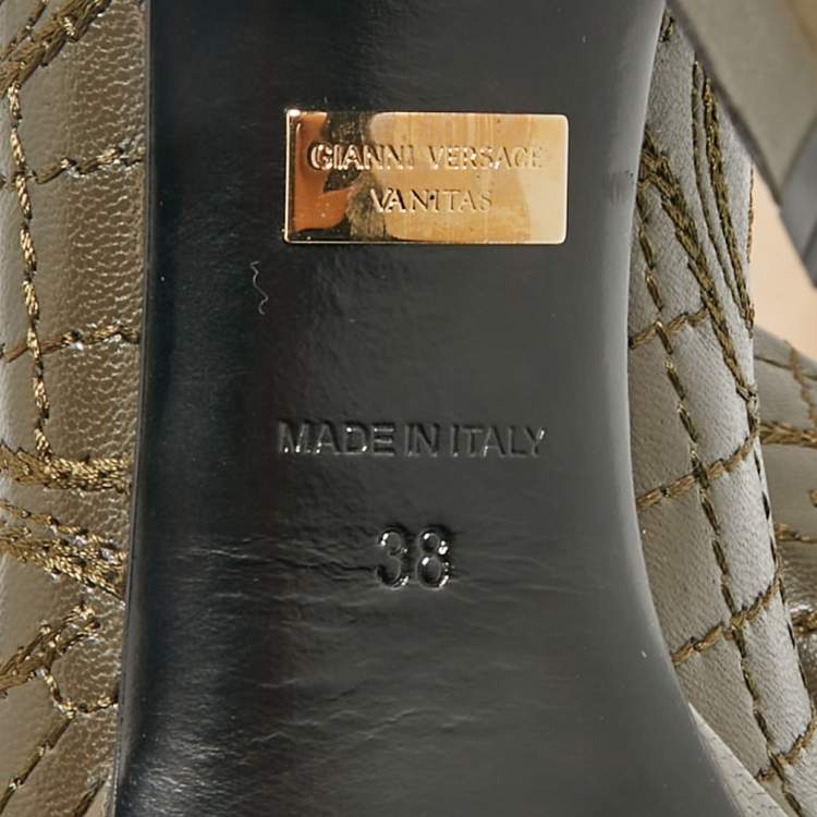 Pre Owned Versace Olive Brown Embroidered Leather Platform Pointed Toe Pumps Size 38