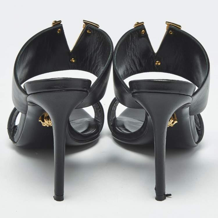 Pre Owned Versace Black Leather Virtus Slide Sandals Size 37