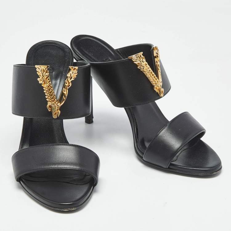 Pre Owned Versace Black Leather Virtus Slide Sandals Size 37
