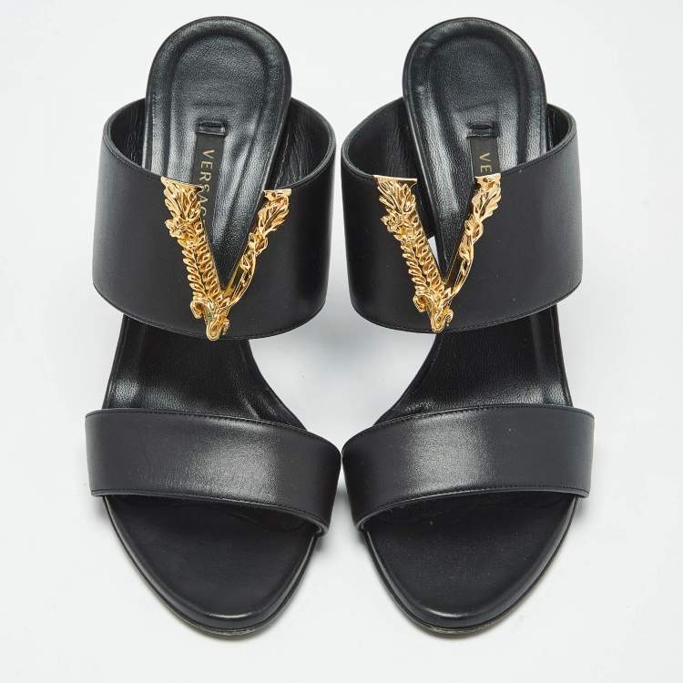 Pre Owned Versace Black Leather Virtus Slide Sandals Size 37