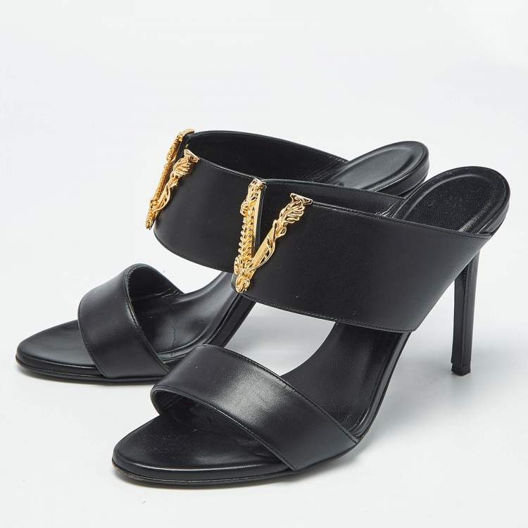 Pre Owned Versace Black Leather Virtus Slide Sandals Size 37