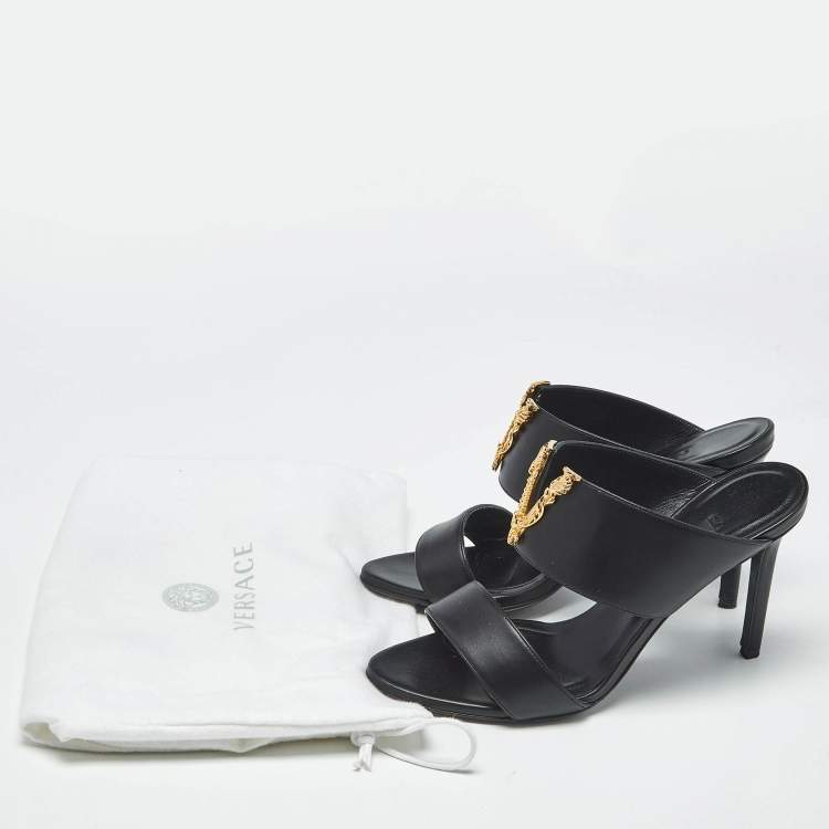 Pre Owned Versace Black Leather Virtus Slide Sandals Size 37