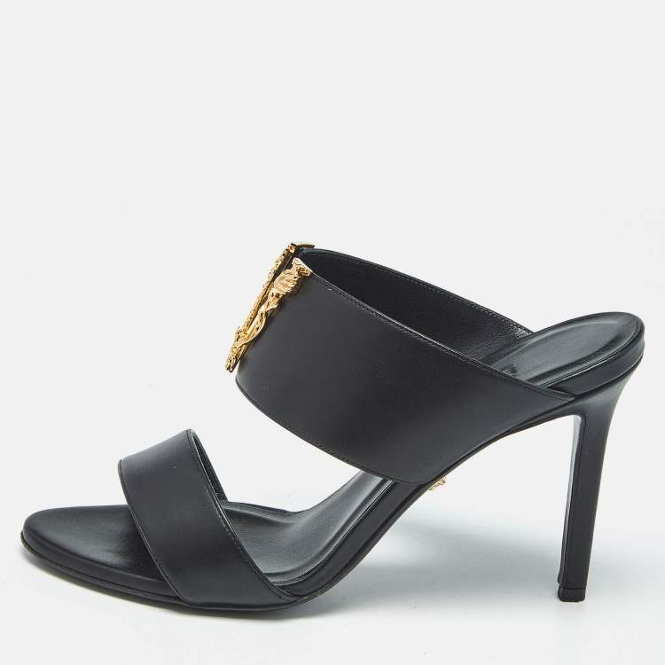 Pre Owned Versace Black Leather Virtus Slide Sandals Size 37