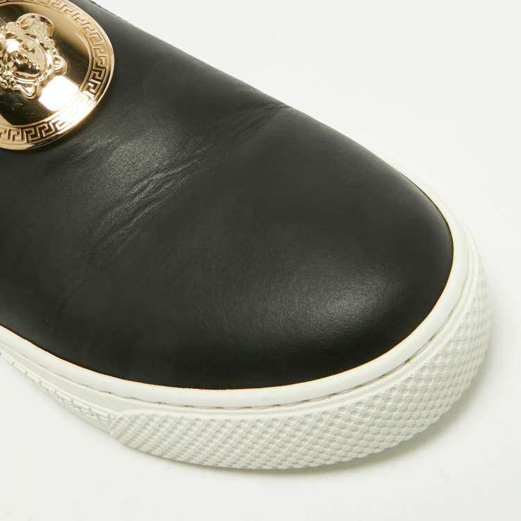 Pre Owned Versace Black Leather Medusa Slip On Sneakers Size 38