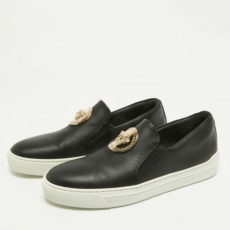 Pre Owned Versace Black Leather Medusa Slip On Sneakers Size 38