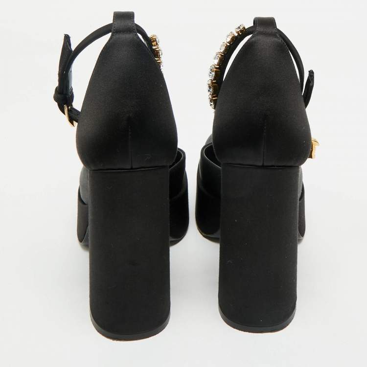 Pre Owned Versace Black Satin Aevitas Crystal Embellished Ankle Strap Platform Pumps Size 37.5