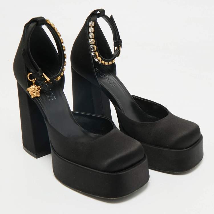 Pre Owned Versace Black Satin Aevitas Crystal Embellished Ankle Strap Platform Pumps Size 37.5