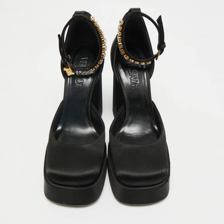 Pre Owned Versace Black Satin Aevitas Crystal Embellished Ankle Strap Platform Pumps Size 37.5
