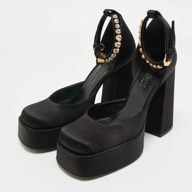 Pre Owned Versace Black Satin Aevitas Crystal Embellished Ankle Strap Platform Pumps Size 37.5