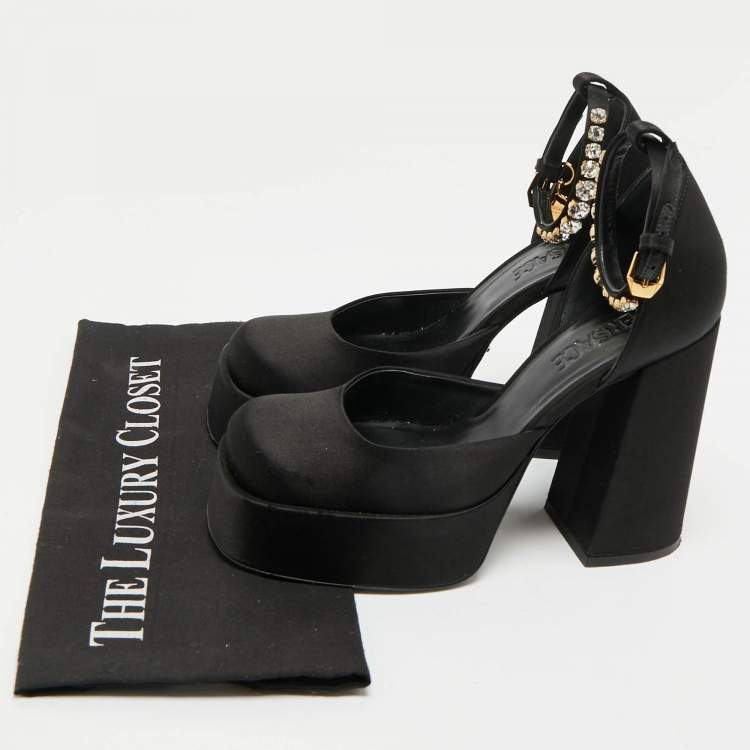 Pre Owned Versace Black Satin Aevitas Crystal Embellished Ankle Strap Platform Pumps Size 37.5
