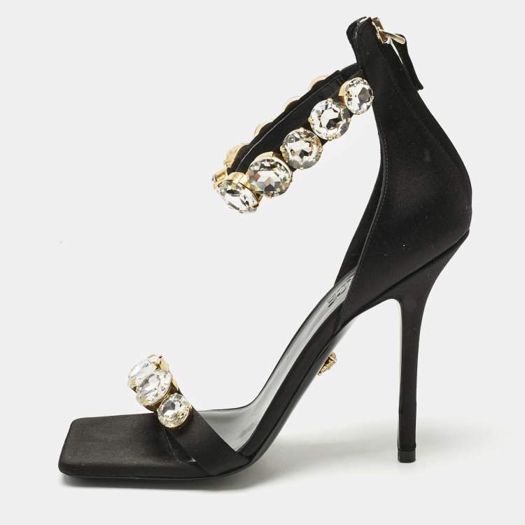 Pre Owned Versace Black Satin Crystals Embellished Ankle Strap Sandals Size 37