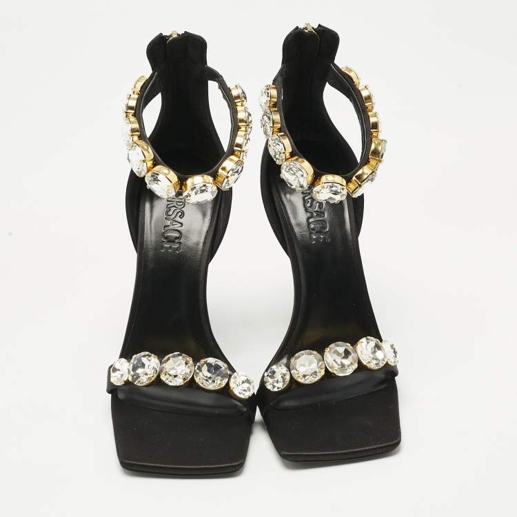 Pre Owned Versace Black Satin Crystals Embellished Ankle Strap Sandals Size 37