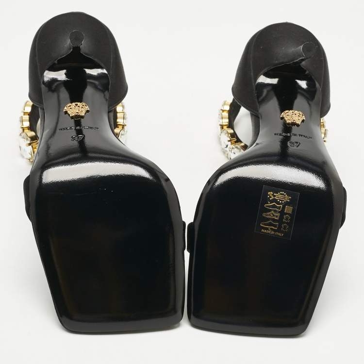 Pre Owned Versace Black Satin Crystals Embellished Ankle Strap Sandals Size 37