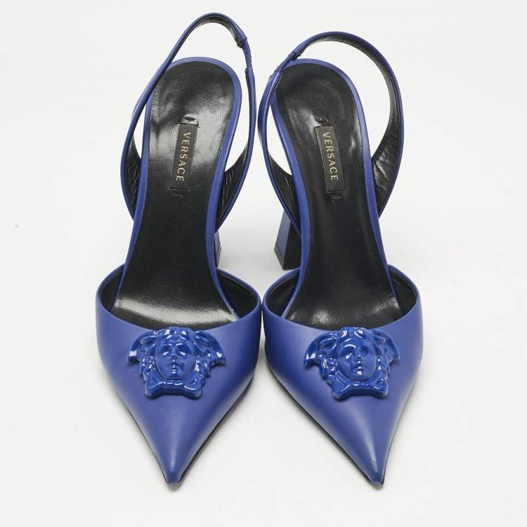 Pre Owned Versace Blue Leather Medusa Slingback Pumps Size 38