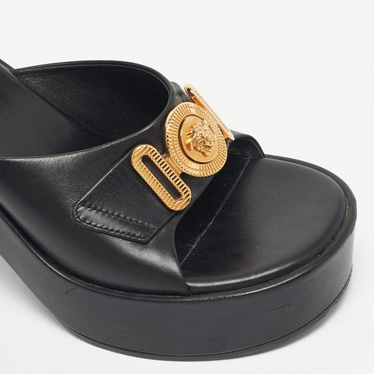 Pre Owned Versace Black Leather Medusa Biggie Mules Size 37