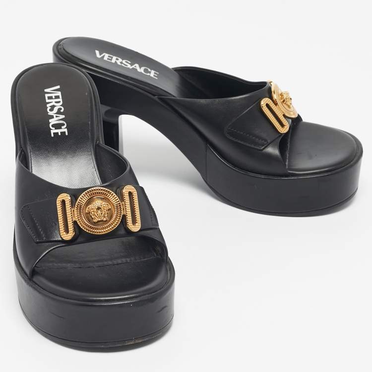 Pre Owned Versace Black Leather Medusa Biggie Mules Size 37