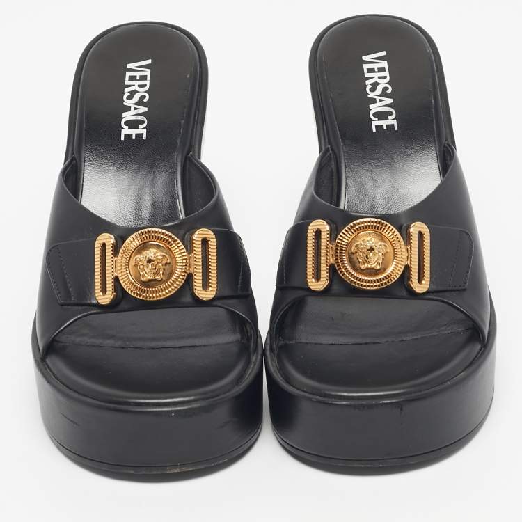 Pre Owned Versace Black Leather Medusa Biggie Mules Size 37