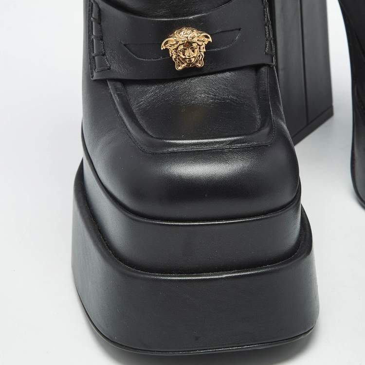 Pre Owned Versace Black Leather Aevitas Block Heel Pumps Size 37