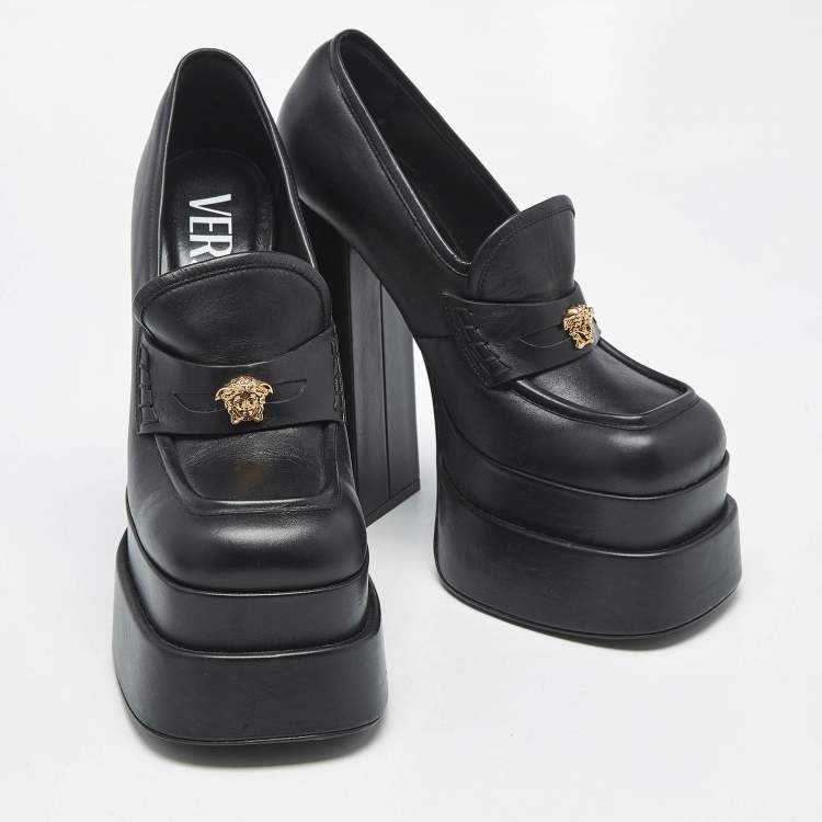 Pre Owned Versace Black Leather Aevitas Block Heel Pumps Size 37