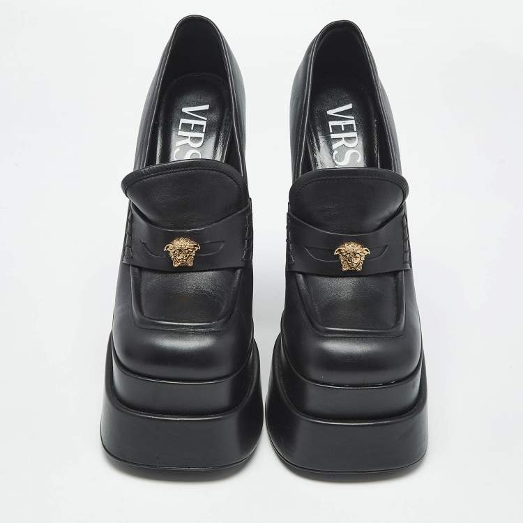 Pre Owned Versace Black Leather Aevitas Block Heel Pumps Size 37
