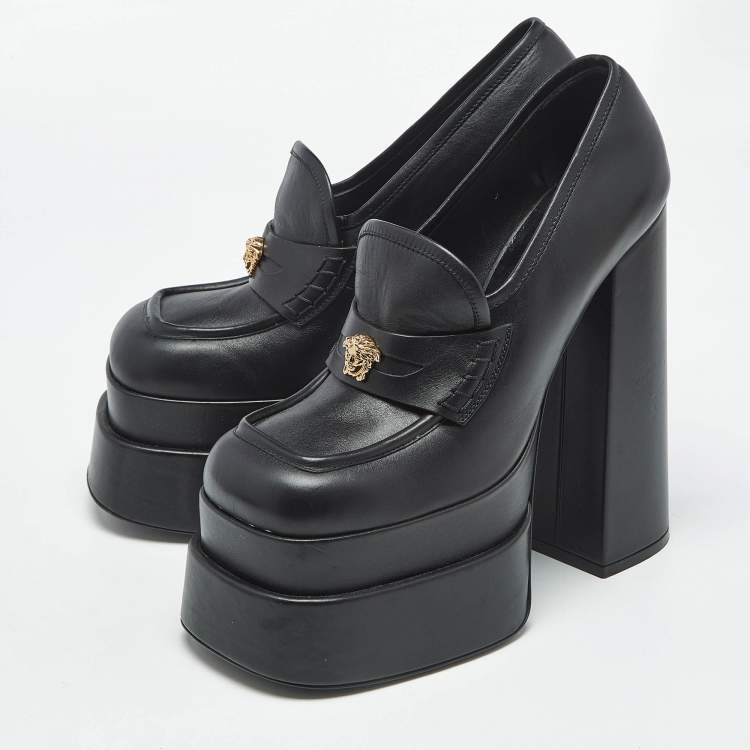 Pre Owned Versace Black Leather Aevitas Block Heel Pumps Size 37