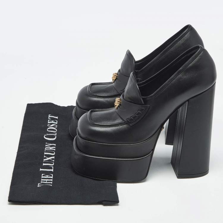 Pre Owned Versace Black Leather Aevitas Block Heel Pumps Size 37