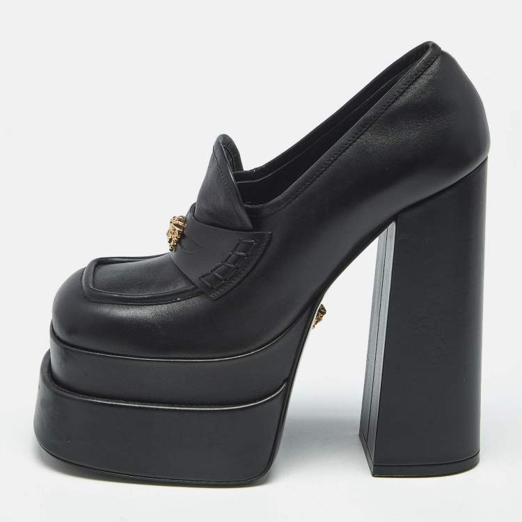 Pre Owned Versace Black Leather Aevitas Block Heel Pumps Size 37