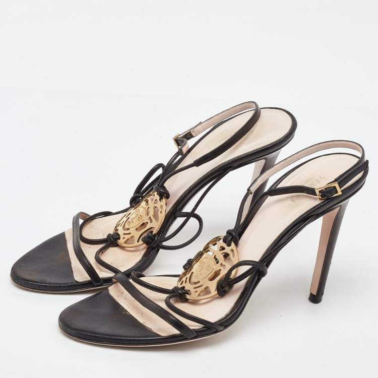 Pre Owned Versace Black Leather La Medusa Strappy Sandals Size 38