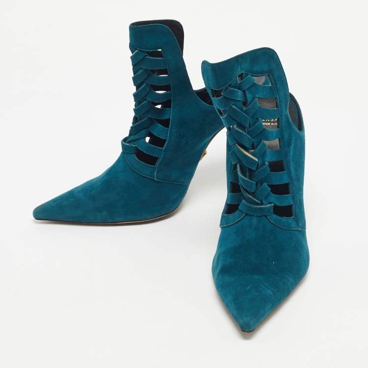 Pre Owned Versace Blue Suede Cutout Pointed Toe Mules Size 39