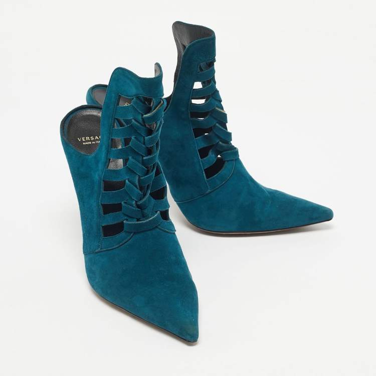 Pre Owned Versace Blue Suede Cutout Pointed Toe Mules Size 39