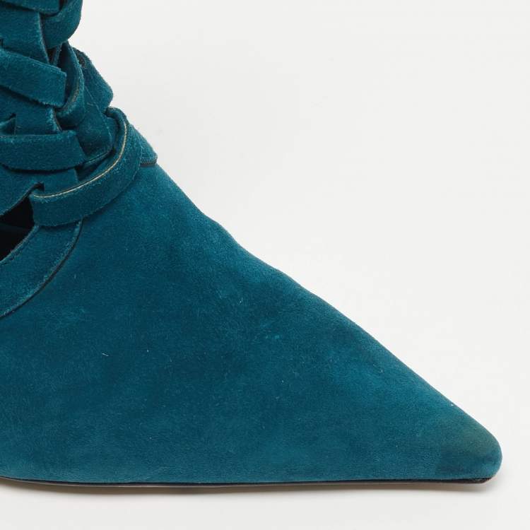Pre Owned Versace Blue Suede Cutout Pointed Toe Mules Size 39