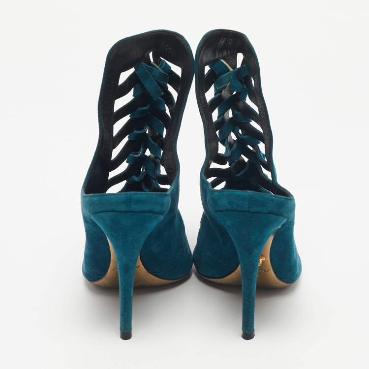 Pre Owned Versace Blue Suede Cutout Pointed Toe Mules Size 39