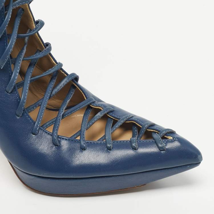 Pre Owned Versace Blue Leather Lace Up Ankle Length Boots Size 40