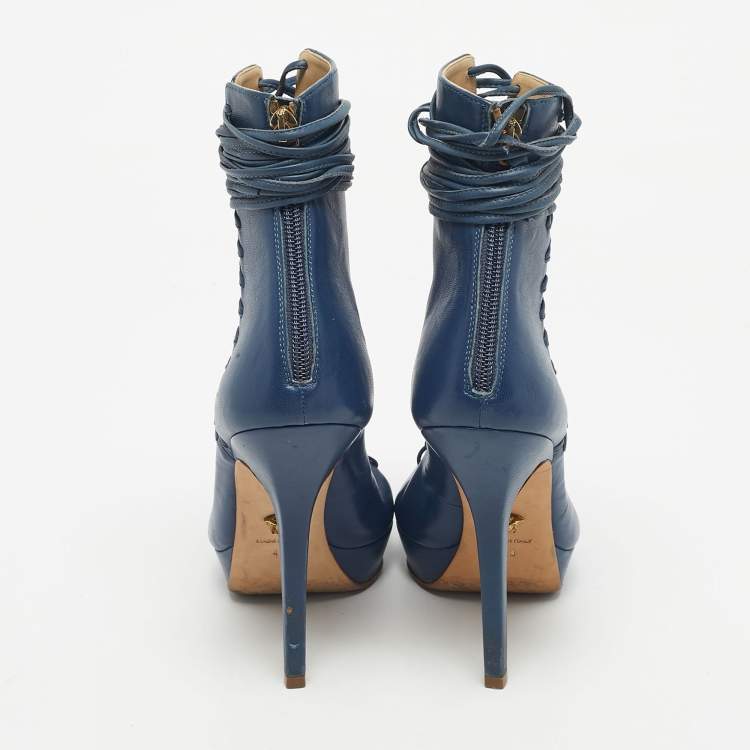 Pre Owned Versace Blue Leather Lace Up Ankle Length Boots Size 40