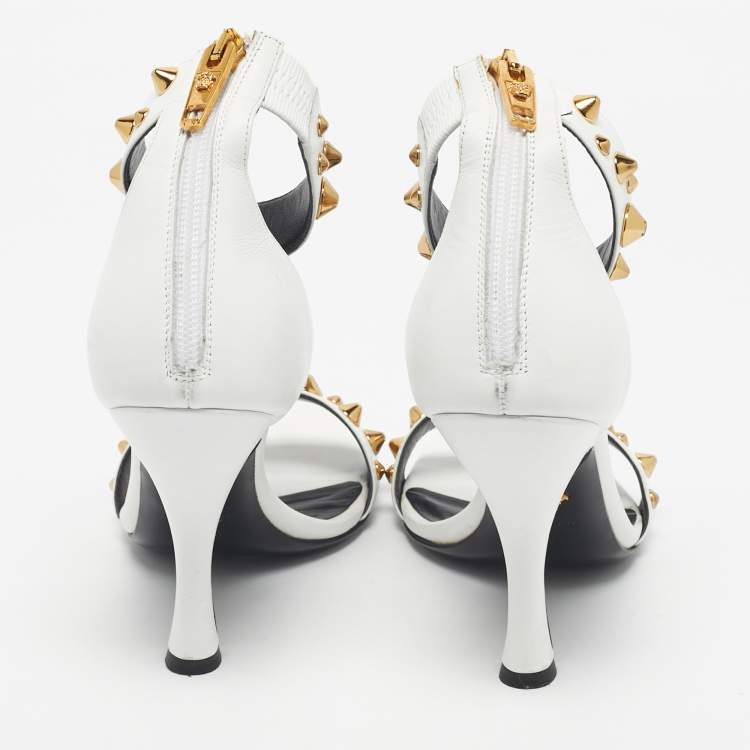 Pre Owned Versace White Leather Studded Ankle Strap Sandals Size 38