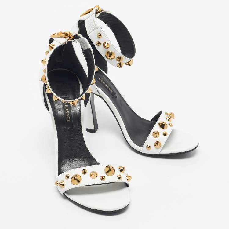 Pre Owned Versace White Leather Studded Ankle Strap Sandals Size 38