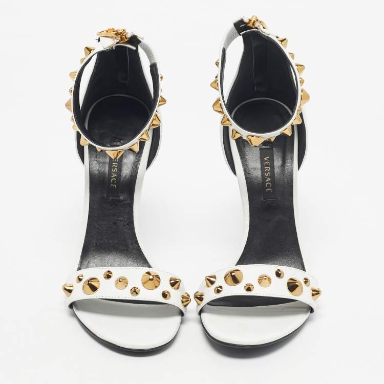 Pre Owned Versace White Leather Studded Ankle Strap Sandals Size 38
