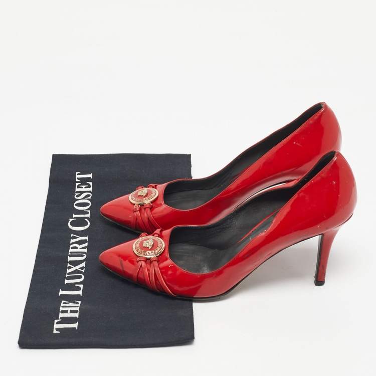 Pre Owned Versace Red Patent Leather Medusa Pointed Toe  Pumps Size 37