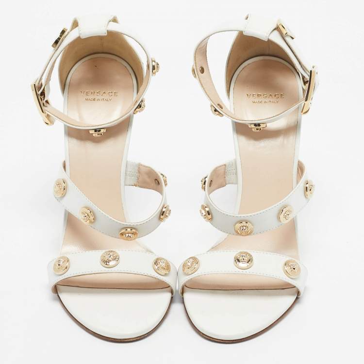 Pre Owned Versace White Leather Studded Medusa Ankle Strap Sandals Size 38