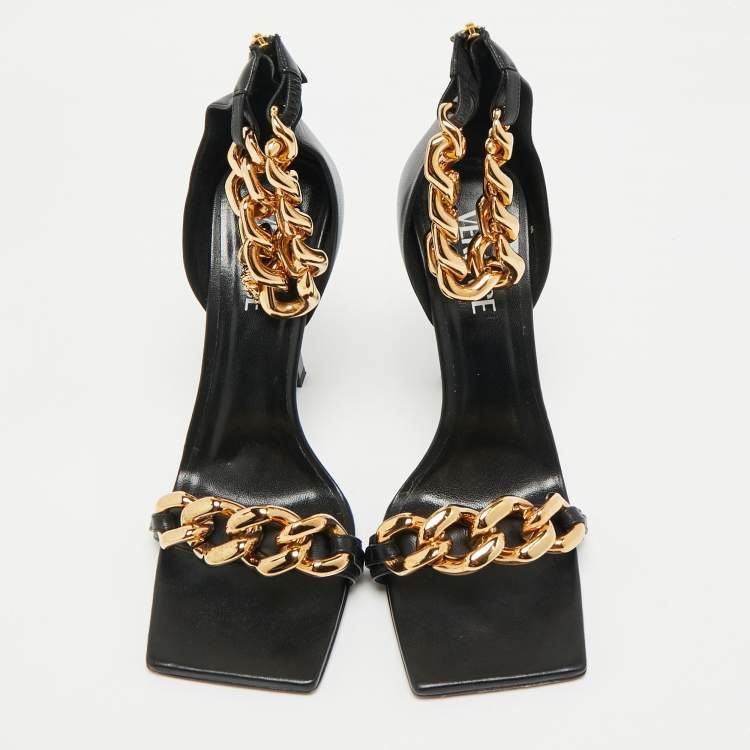 Pre Owned Versace Black Leather Medusa Chain Ankle Strap Sandals Size 41