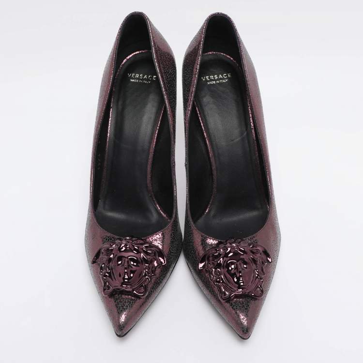 Pre Owned Versace Metallic Purple Leather Medusa Pointed Toe Pumps Size 41