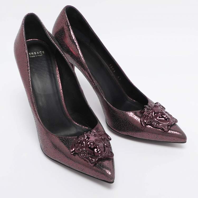 Pre Owned Versace Metallic Purple Leather Medusa Pointed Toe Pumps Size 41
