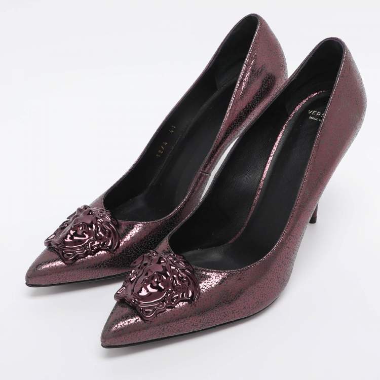 Pre Owned Versace Metallic Purple Leather Medusa Pointed Toe Pumps Size 41